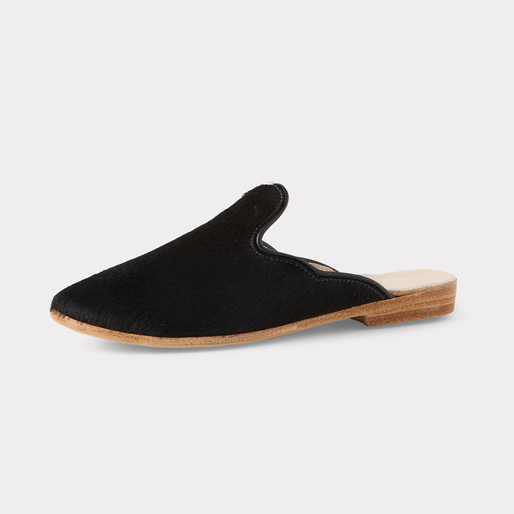 Black Faux Fur Wavy Edge Round Toe Flat Slip-On Mules for Women Nicepairs