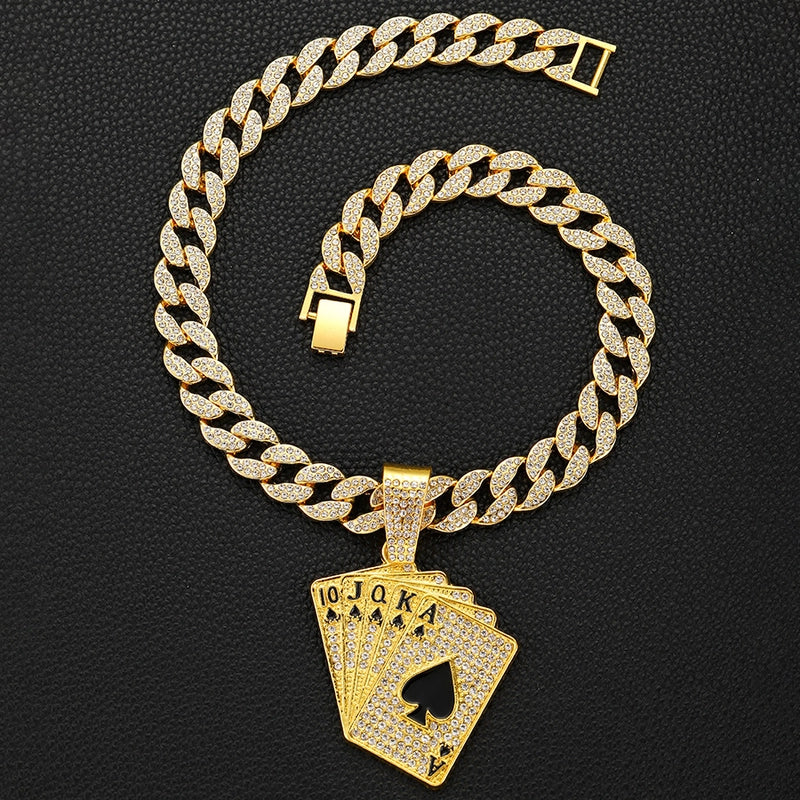 Hip-Hop Poker Alloy Inlay Rhinestones Unisex Pendant Necklace Men Pendant Necklaces