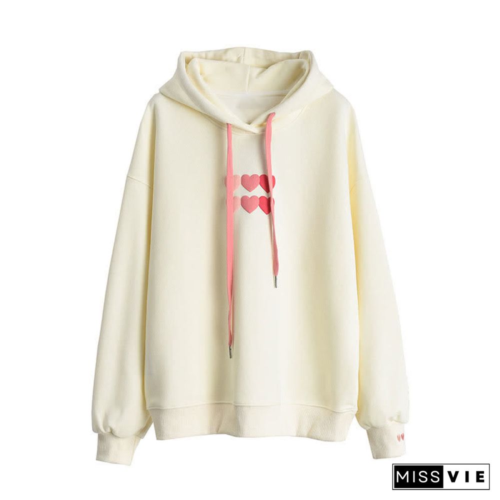 Love Heart Print Draw String Loose Hoodie