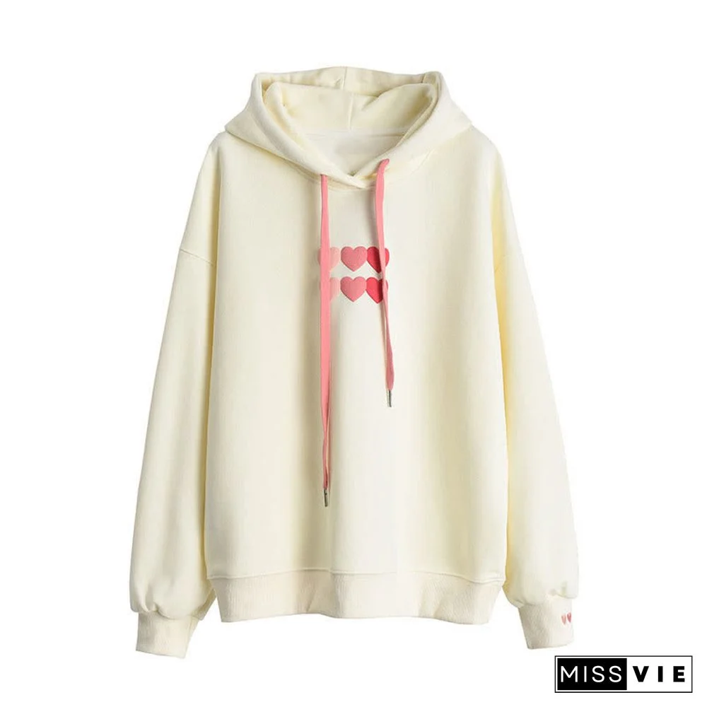 Love Heart Print Draw String Loose Hoodie