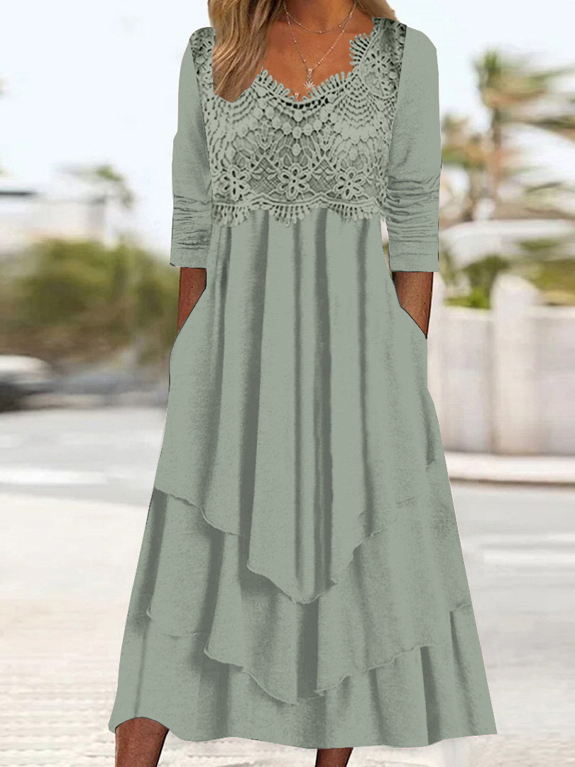 Women's Long Sleeve V-neck Lace Solid Color Midi Dress