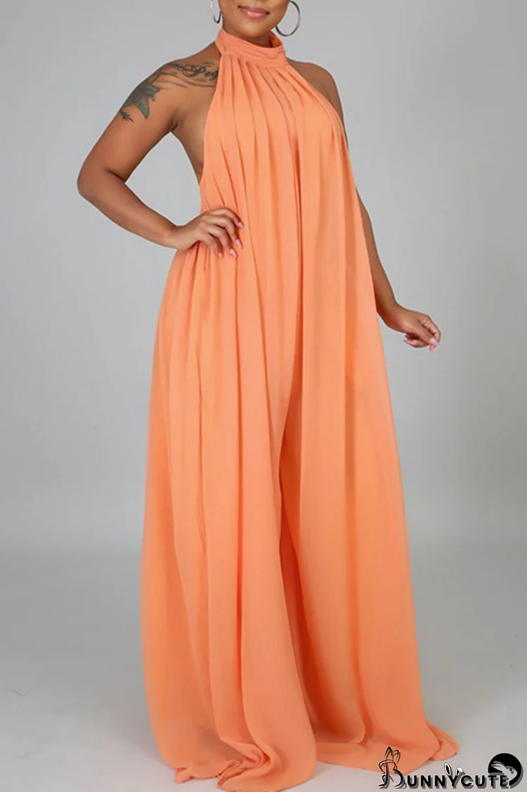 Orange Elegant Solid Patchwork Backless Halter Straight Jumpsuits