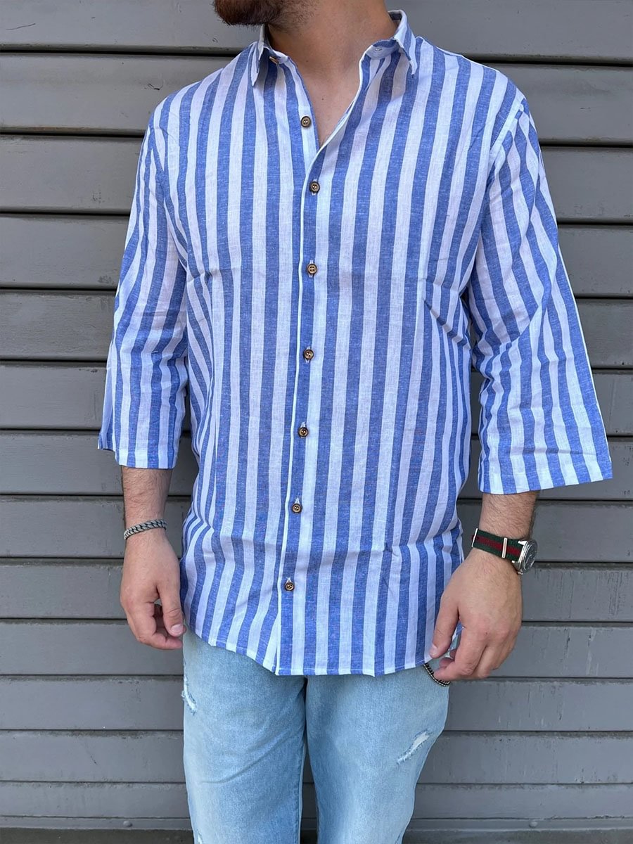 Men's Holiday Casual Blue Striped Cotton-Linen Shirt