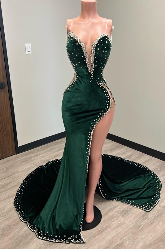 Oknass Glamorous Dark Green V-Neck Strapless Appliques Mermaid Long Prom Dress with Split