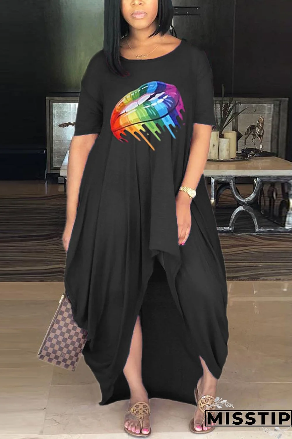 Black Fashion Printing Loose Irregular Dress