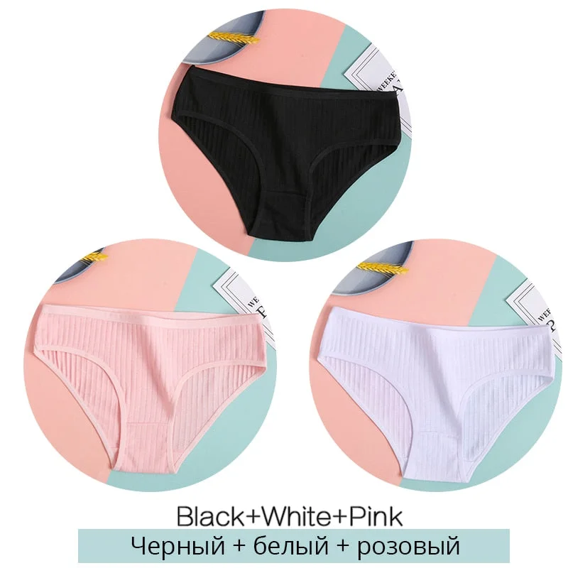 FINETOO Women's Cotton Panties 3Pcs Soft Striped Women Underpants Solid Girls Briefs Sexy Female Lingerie M-XL Comfort Underwear