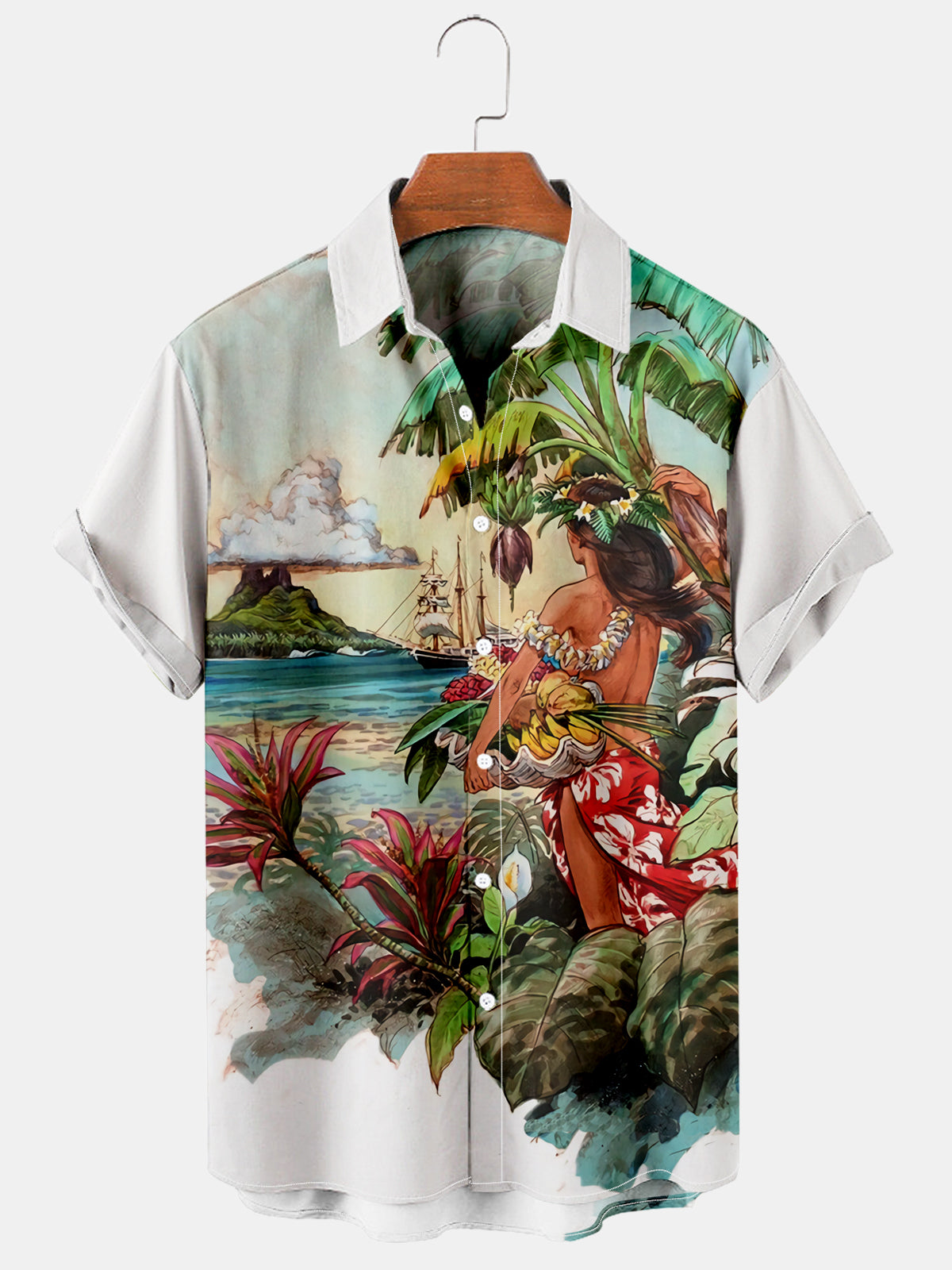 Men's Tiki Style Hand Drawn Pattern Short Sleeve Shirt PLUSCLOTHESMAN