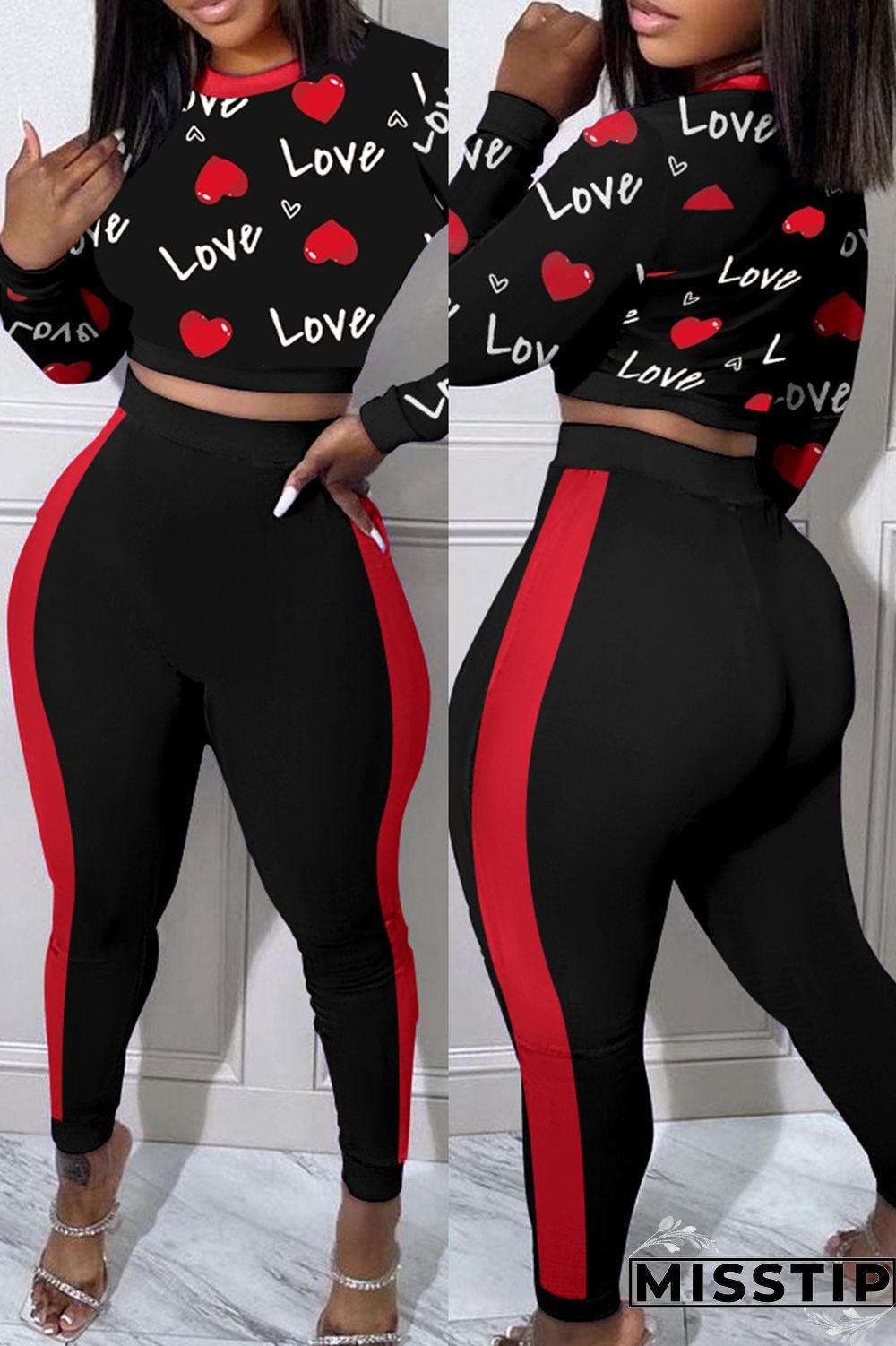 Black Casual Print Patchwork O Neck Long Sleeve Two Pieces