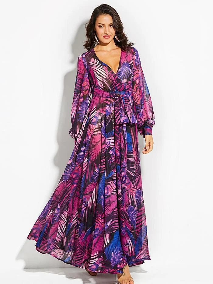 Lantern Sleeve V-neck Green Leaf Print Big Swing Dress