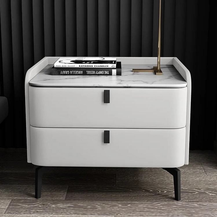 Homemys OFFWhite Modern Luxury 2 Drawers Bedroom Nightstand Stone Bedside Table with Marble Top