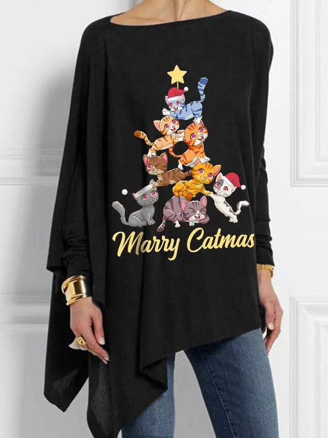 Women's Fun Cat Christmas Tree Print Irregular Top