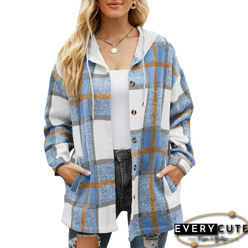 Light Blue Woolen Plaid Print Hooded Coat with Pocket
