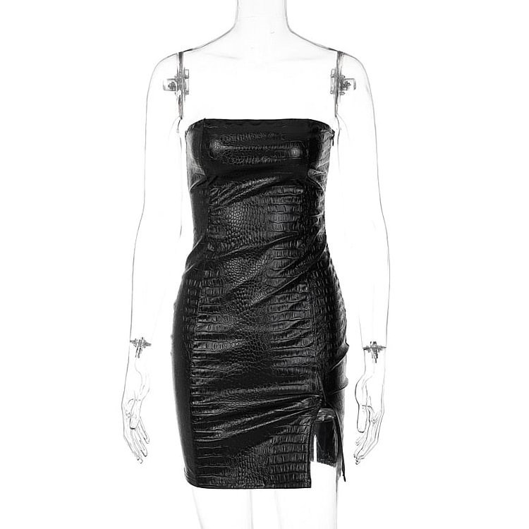 Hugcitar Pu Leather Strapless Tube Sleeveless Bodycon Slim Sexy Mini Dress 2021 Fall Winter Women Christmas Halloween Party Y2K