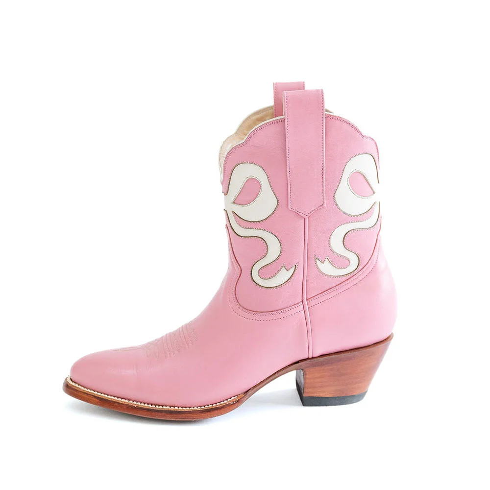 Pink Chunky Heel Booties White Bow Inlay Cowgirl Boots for Women