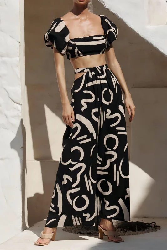 Sexy Puff Sleeve Top Open Waist Long Skirt Suit