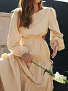 Simple Solid Color Belly-Hollow Long Sleeve A-Line Midi Dress