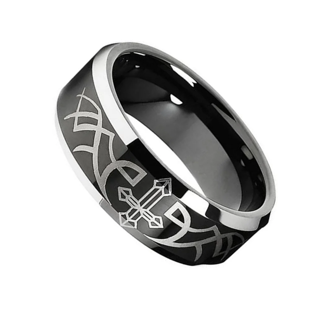 6MM 8MM Black Cross Tungsten Mens Rings Silver Laser Pattern Polished Finished