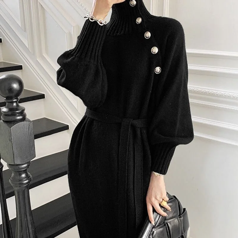 2021 Sweater Long Sleeve Knitted Autumn Bodycon Casual Skater Dress Warm Elegant With Sashes For Women Vintage Ladies Dresses
