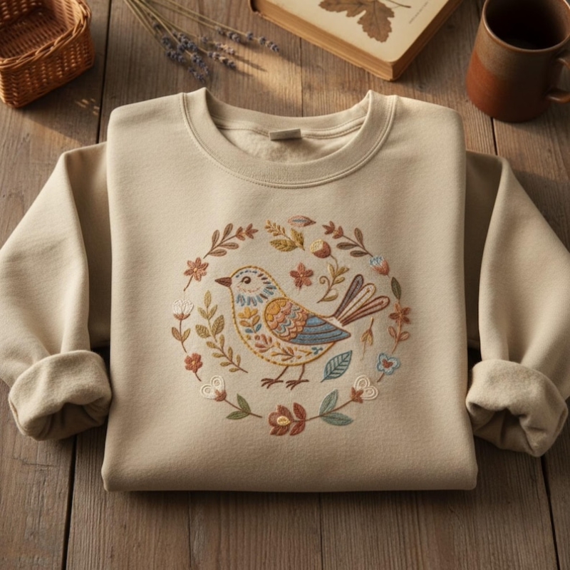 Bird Folk Art Embroidered Sweatshirt wearshes
