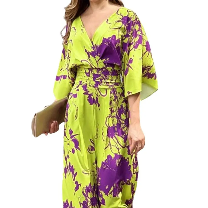 Brownm Brownm 2024 New Women's Ins Fashion Elegant Print Bat Sleeve Waist V Neck Women's Jumpsuit