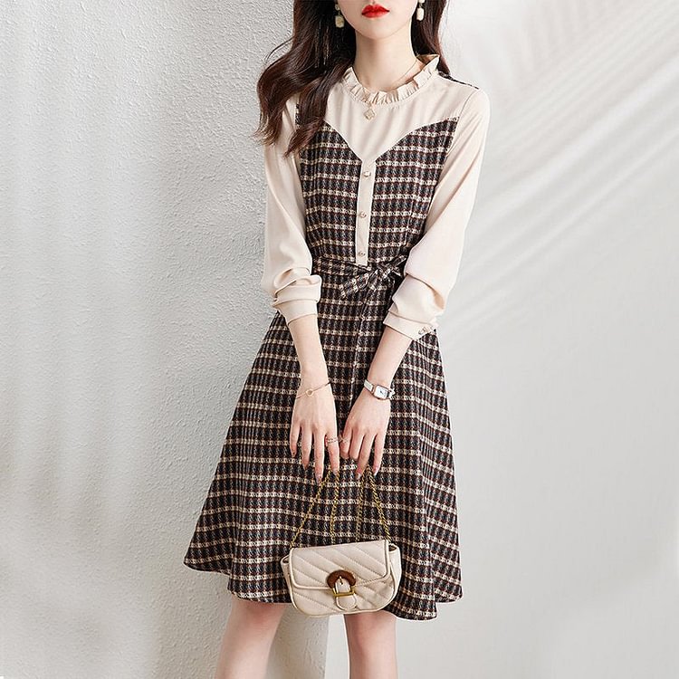 As Picture Checkered/plaid Paneled Long Sleeve Dresses