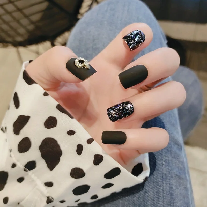 24pcs/set faux nails Accessories for women matte Pink False Nail with glue solid Color Short Square full cover press on nails-Nail Inspo