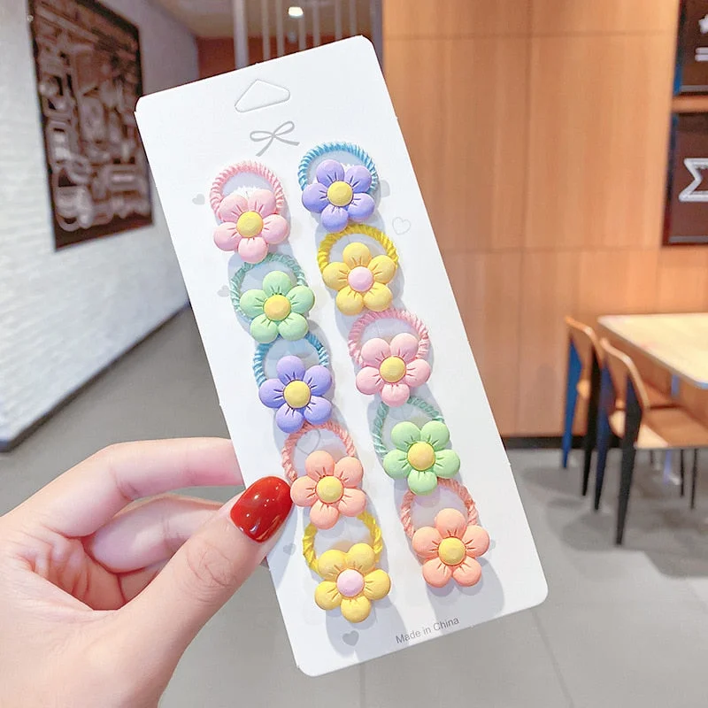 10PCS/Set New Girls Cute Cartoon Flower Small Scrunchie Kids Ponytail Hair Tie Elastic Hair Bands Fashion Hair Accessories Set