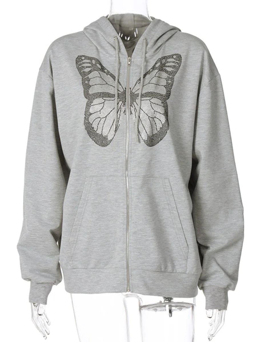 Oversized Hooded Sweatshirt Butterfly Print E Girl Style Zip Up Hoodie