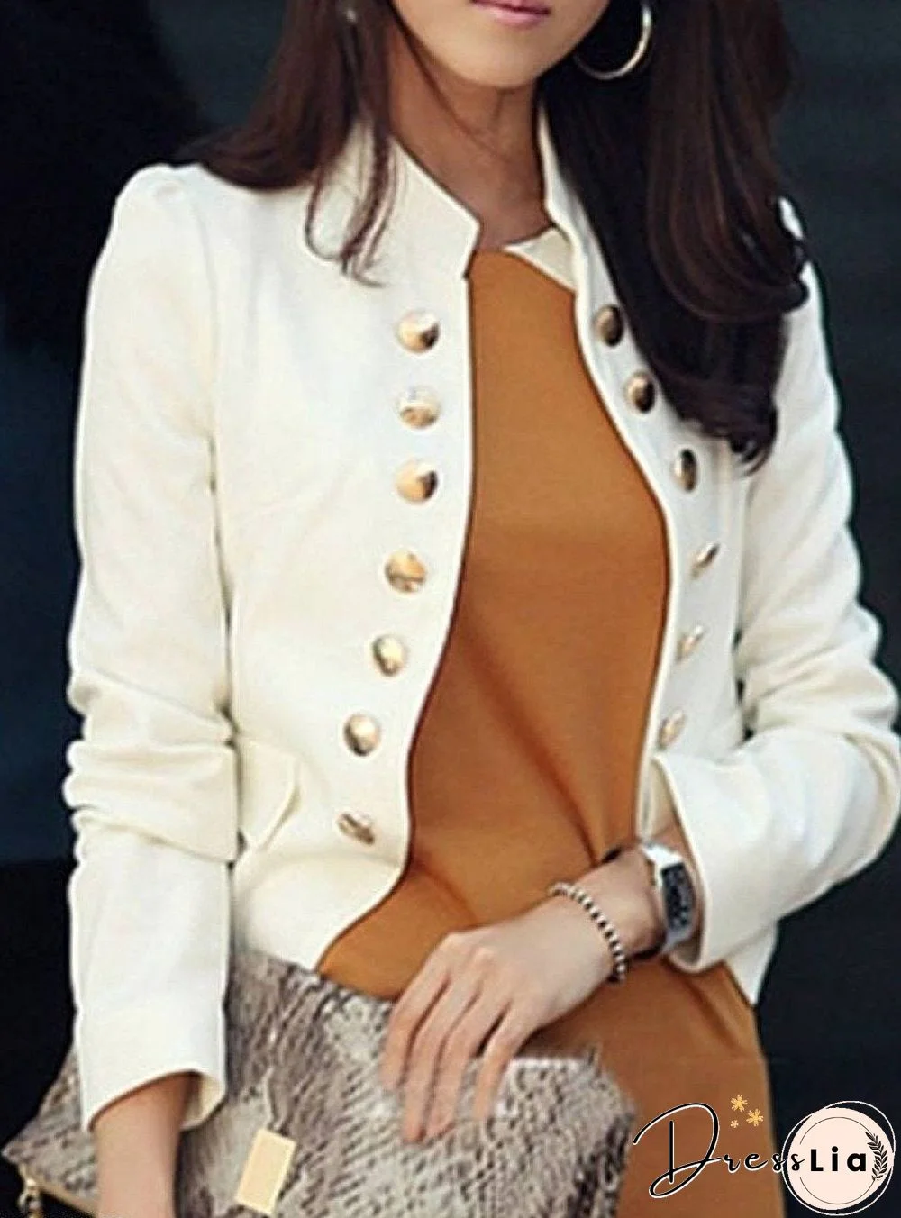 Ladylike Double Breasted Band Collar Blended Plain Blazer