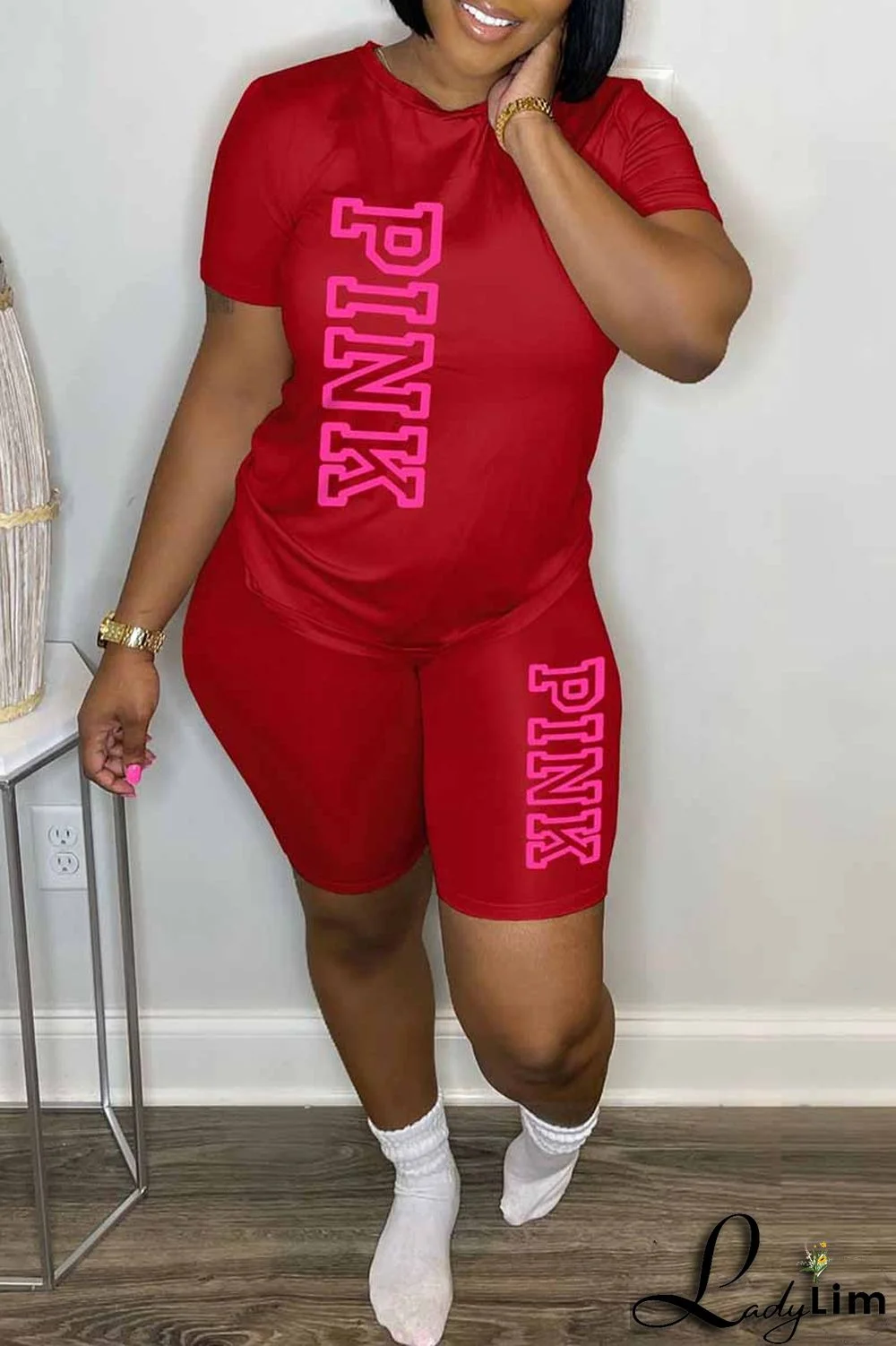 Blue Casual Print Letter O Neck Short Sleeve Two Pieces