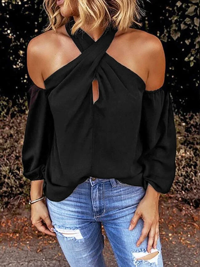 Cotton-Blend Casual Solid Off Shoulder Shirts & Tops