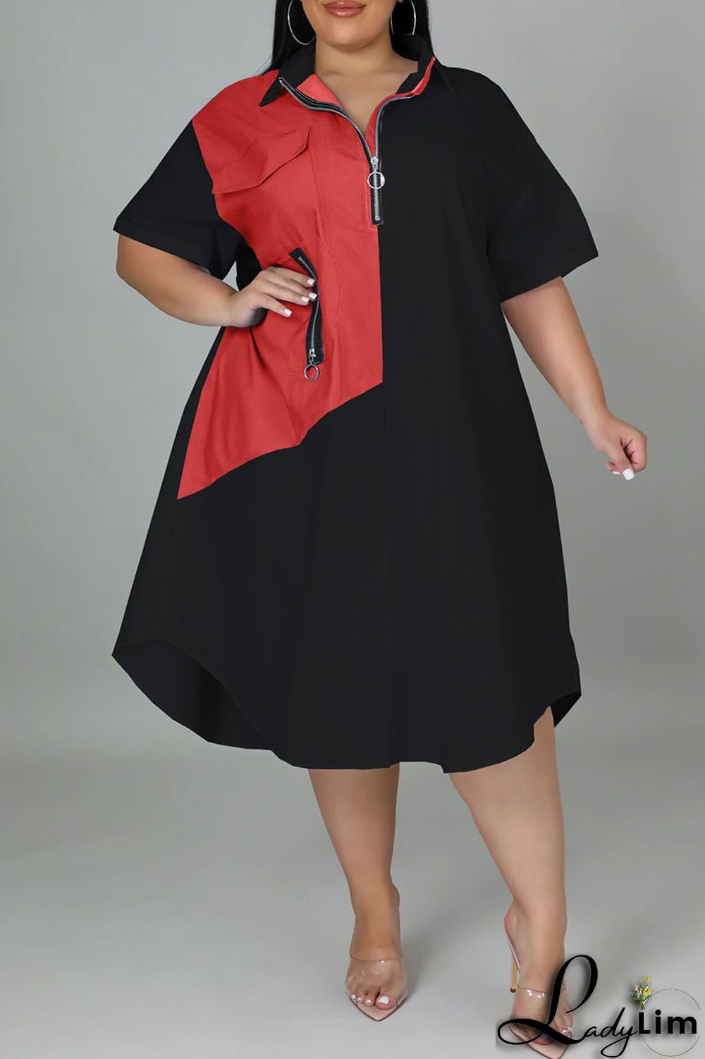 Light Blue Casual Solid Patchwork Zipper Collar Straight Plus Size Dresses