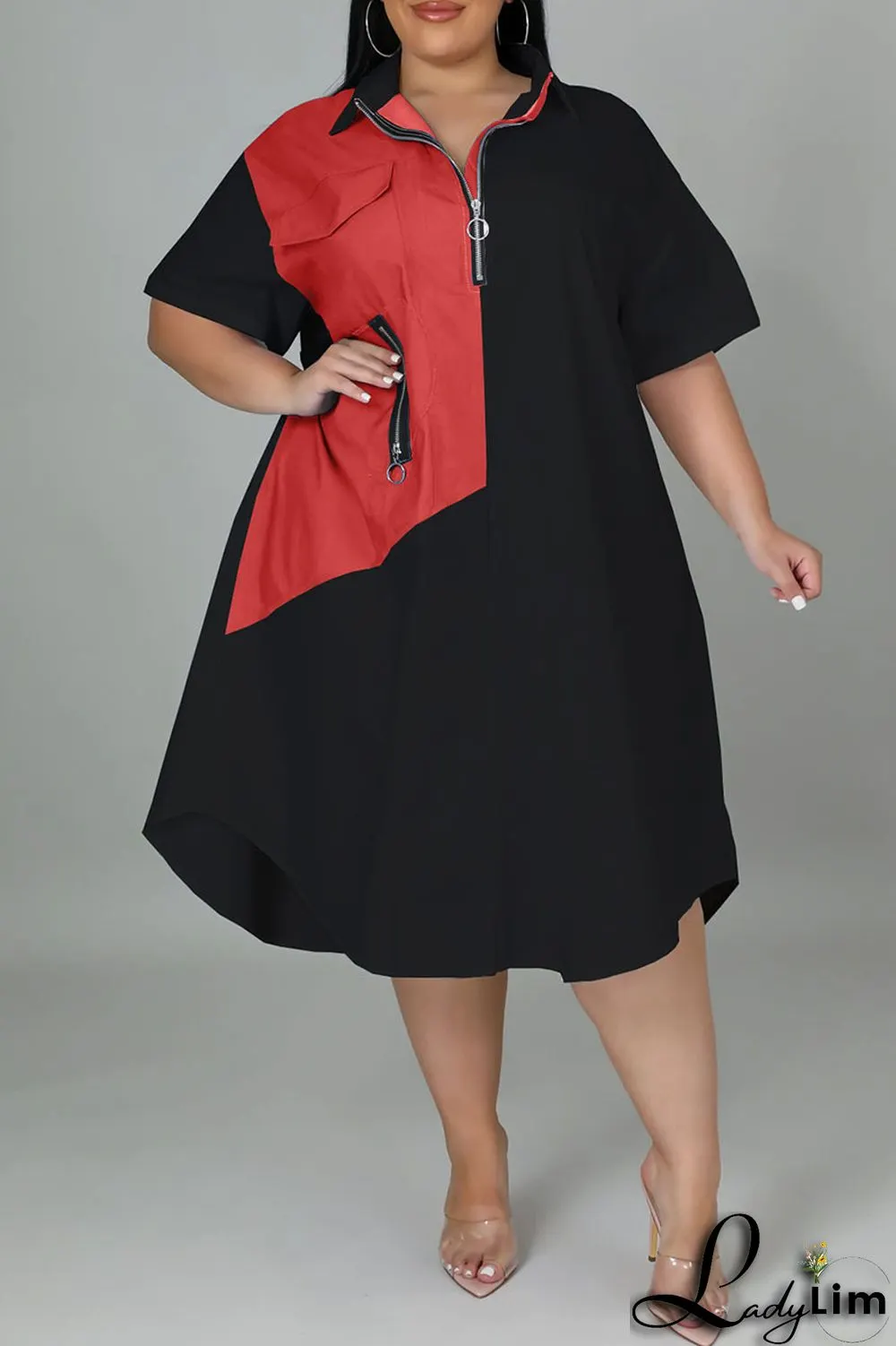Light Blue Casual Solid Patchwork Zipper Collar Straight Plus Size Dresses