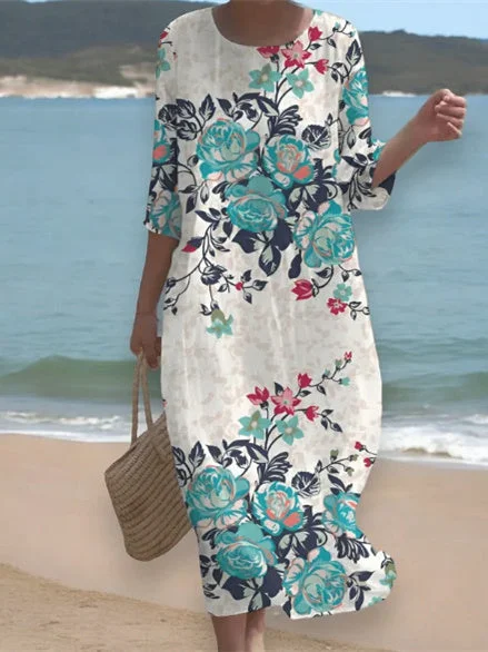 Women's 3/4 Sleeve Scoop Neck Graphic Printed Midi Dress