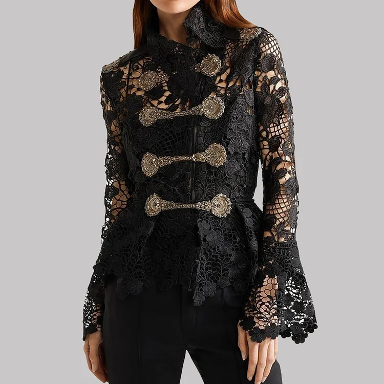 Fashion Lace Hollow Out Flare Sleeve Button Blouse