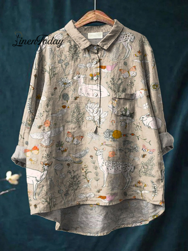 Women’s Vintage Lovely Woodland Animals Art Print Casual Cotton And Linen Shirt Multicolor / S