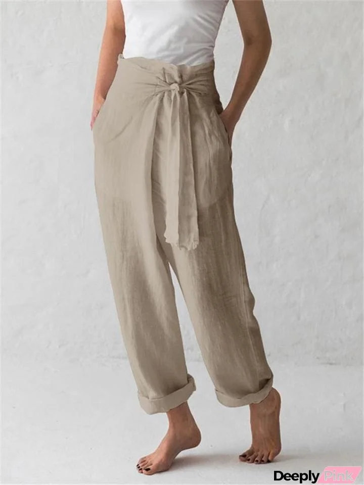 Minimalist Style High-Rise Side Tie Up Pocket Cotton Linen Pants