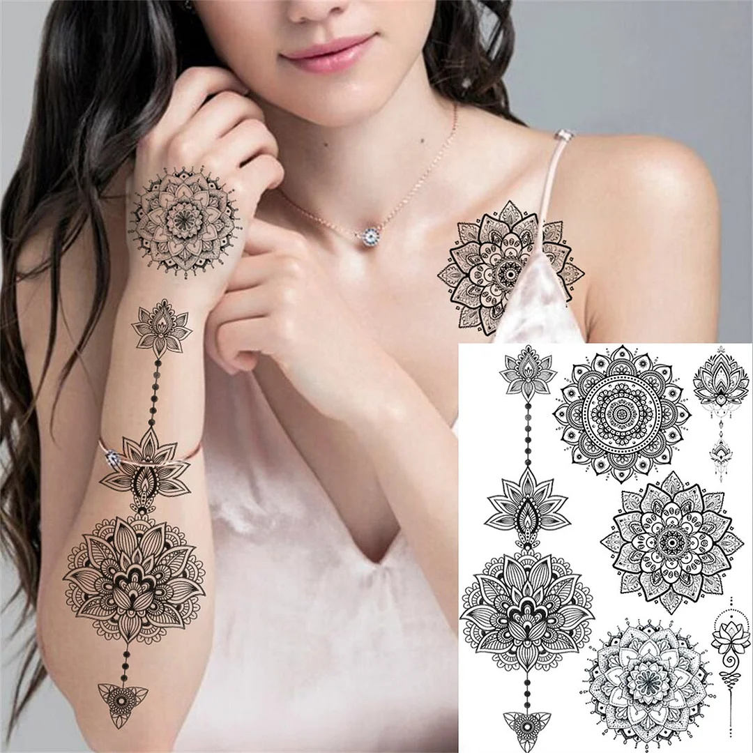 Henna Mandala Flower Temporary Tattoos For Women Girls Tribal Fake Chains Tattoo Sticker Black Body Art Drawing Lace Tatoo Paper