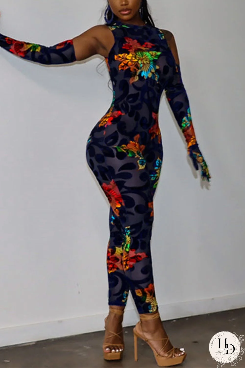 Colorful Blue Sexy Print Basic Printing O Neck Regular Jumpsuits