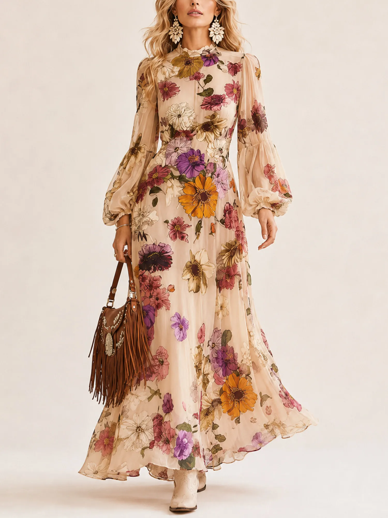 Ideal for a Western Wedding Guest &mdash; Cream Cinched Waist Lantern Sleeve Flowy Woven Women's Long Dress