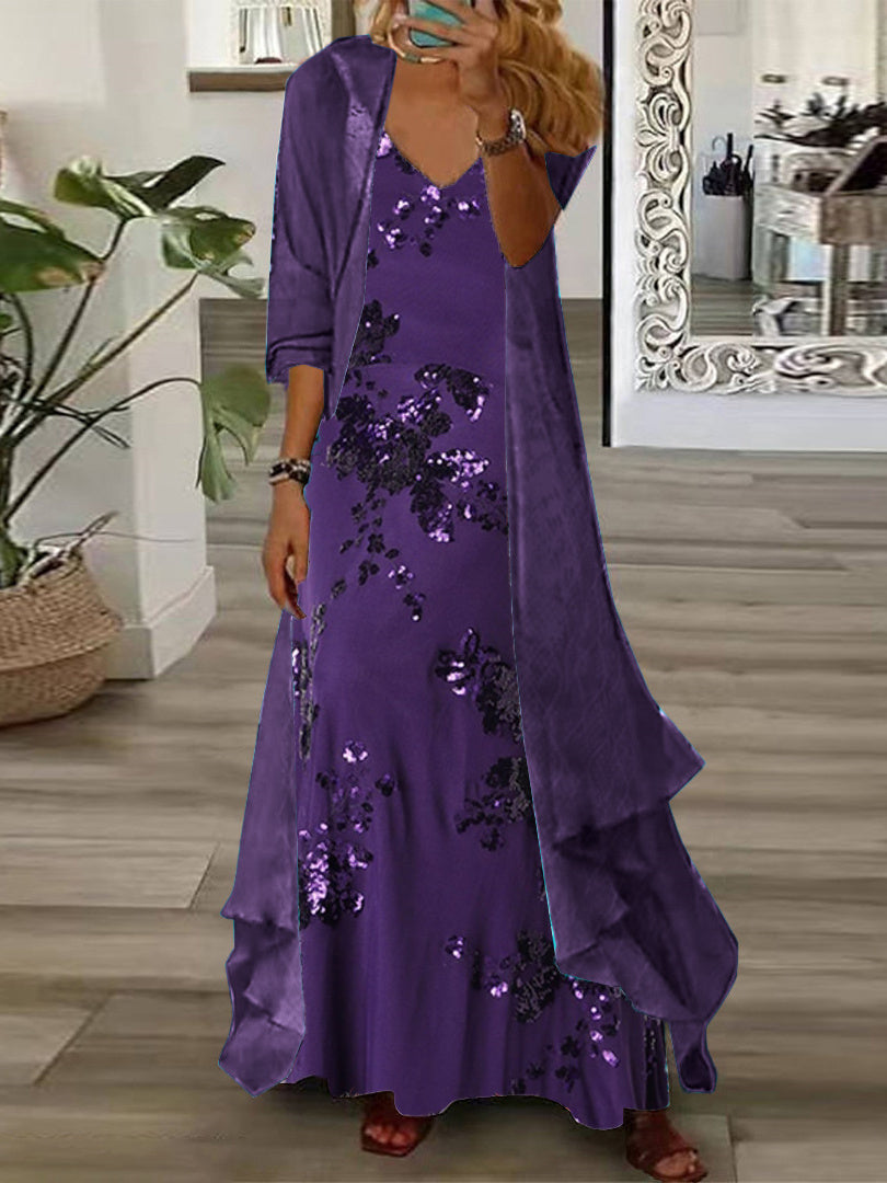 Women's Long Sleeve V-neck Graphic Printed Two Pieces Maxi Dress