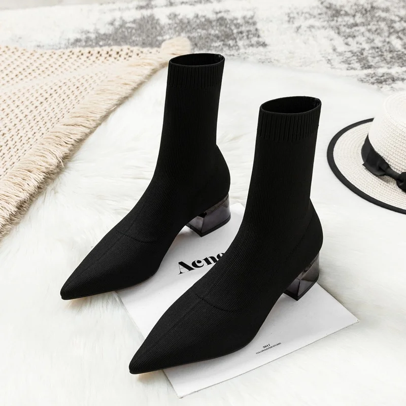 Tanguoant Autumn Winter Women's Spring Elastic Socks Boots Pointed Toe Chunky Heel Shoes Black Fashion Ankle Boot Free Shipping