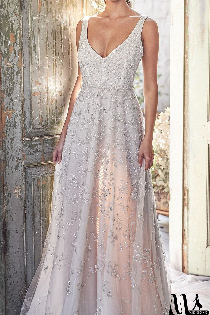 MidiSono - Deep V-neck Sleeveless  Sequins Prom Dress