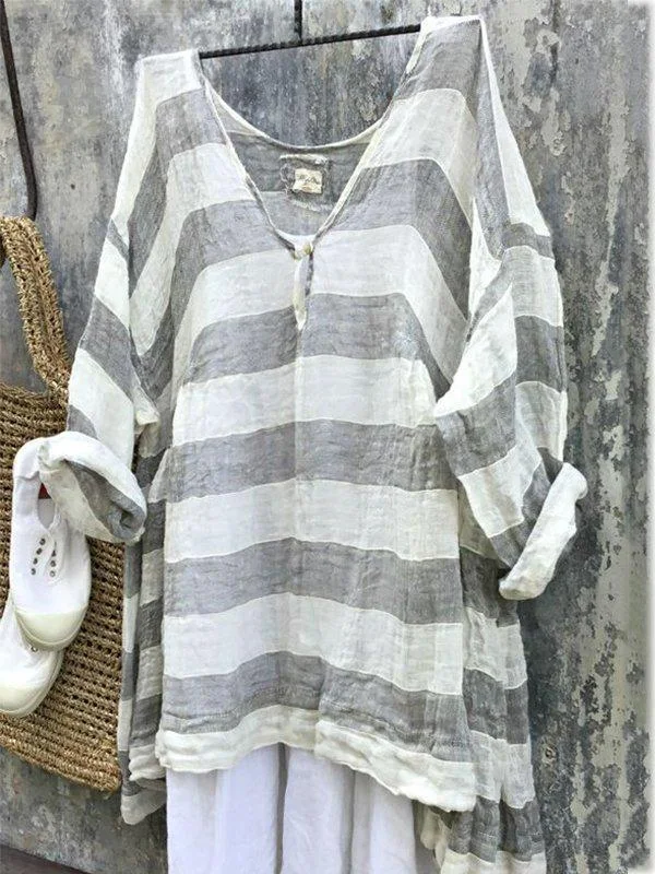 Casual Long Sleeve V Neck Striped Bat Sleeve Tops