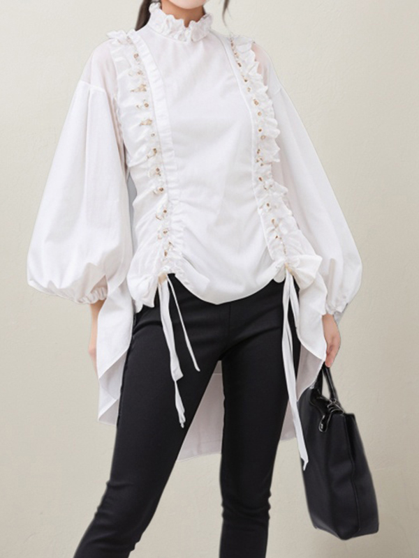 Ruffle Trim Decor Drawstring Lantern Sleeve Shirt