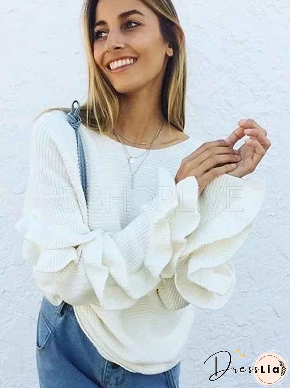 Loose Solid Falbala Knitting Sweater