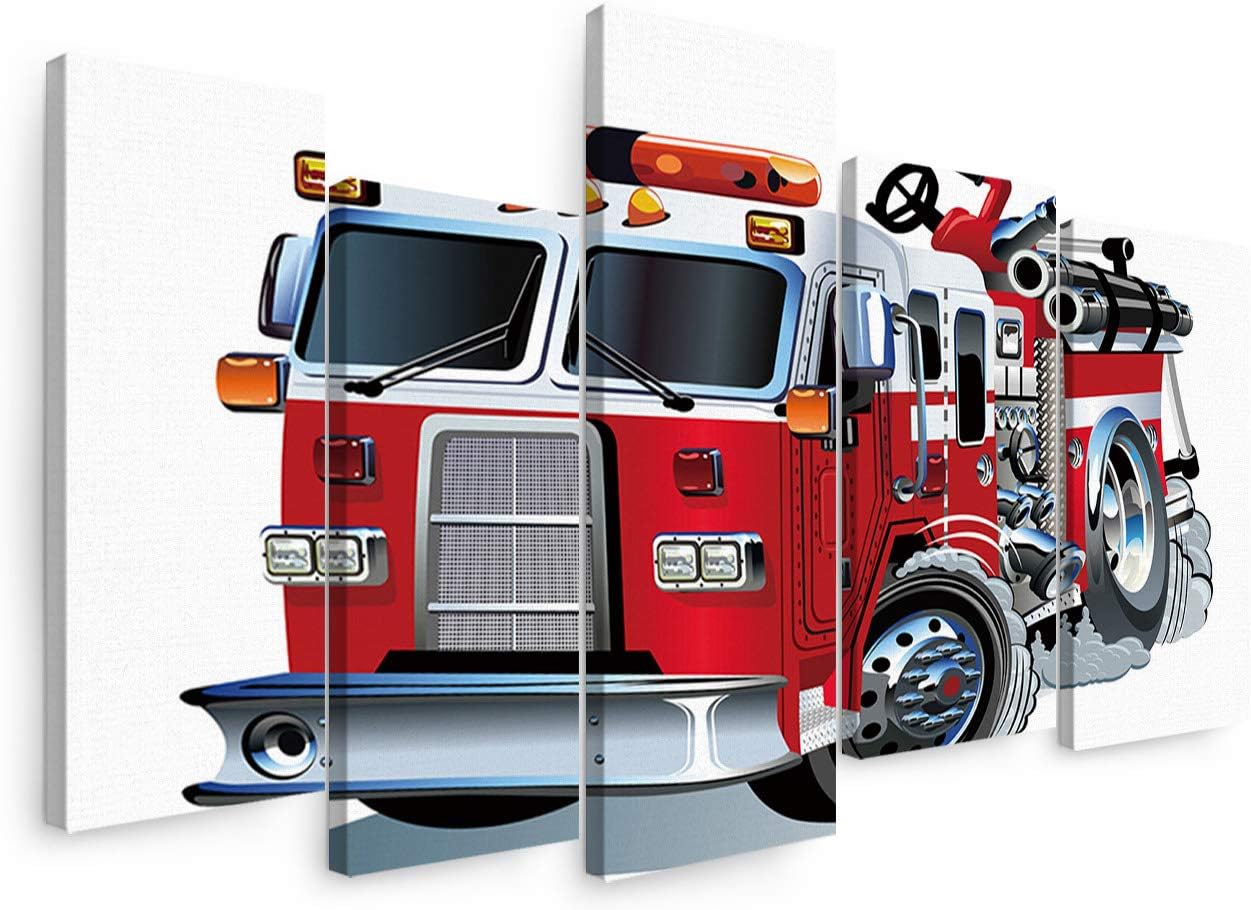 Sunteeny Canvas Wall Art 5 Piece Set for Living Room, Little Boy's Favorite Cartoon Firetruck Image Picture Wall Decor Canvas Print Painting for Bathroom, Bedroom, Dining Room, Office, 8&#034;x16&#034;x4pcs, 8&#034;x24&#034;x1pc
