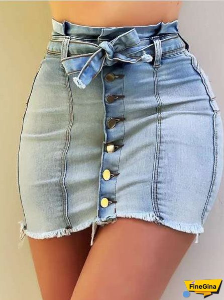 Women's Skirts High Waist Stretch Lace-Up Single-Breasted Denim Skirt