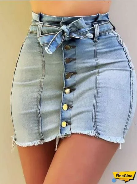 Women's Skirts High Waist Stretch Lace-Up Single-Breasted Denim Skirt