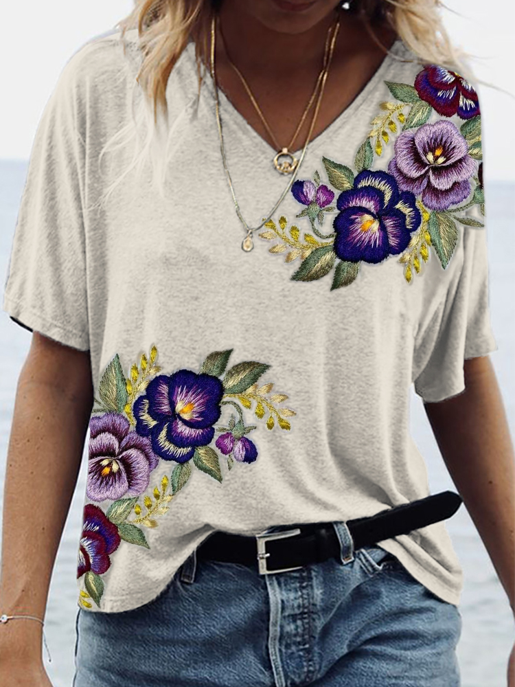 Comstylish Pansy Floral Embroidery Art V Neck T Shirt